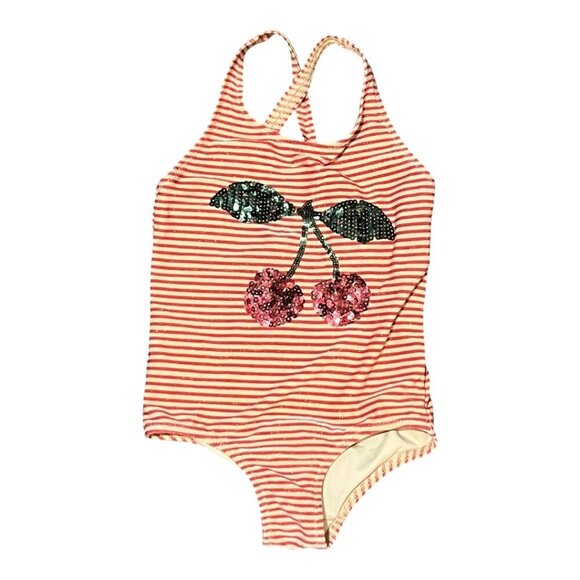 Konges Slojd Jade Cherry Swimsuit Girls Size 2 Sequins Stripes One Piece - Picture 2 of 6